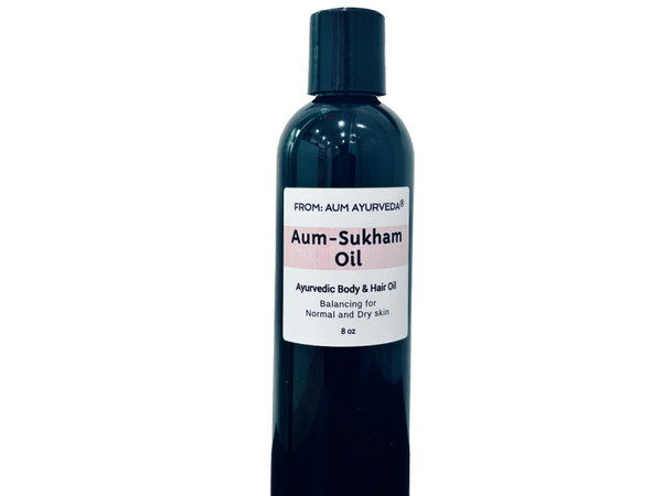 Aum Sukham Ayurvedic oil is balancing for normal to dry skin types.&nbsp; It can be used for all constitutions (Vata, Pitta, Kapha) in the Vata season. Aum Sukham oil can be applied on body, face and scalp. Aum Sukham oil deeply hydrates and nourishes the skin; helps in reducing pigmentation, dark spots; helps in treating sunburns and damaged skin from prolonged sun exposure; is suitable for conditions like eczema.