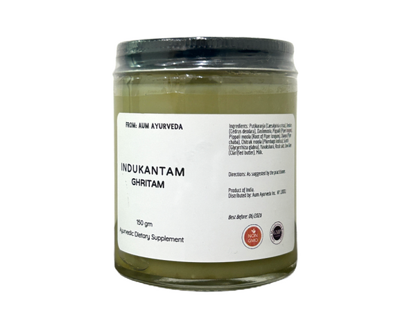 Jar of Indukantam Ghritam, From: Aum Ayurveda, with a label on a white background. Ayurvedic herb infused Indukam ghritam for immunity and digestive support.