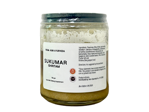 Sukumara Ghritam – Ayurvedic medicated ghee in glass jar packaging for women’s health and digestion support