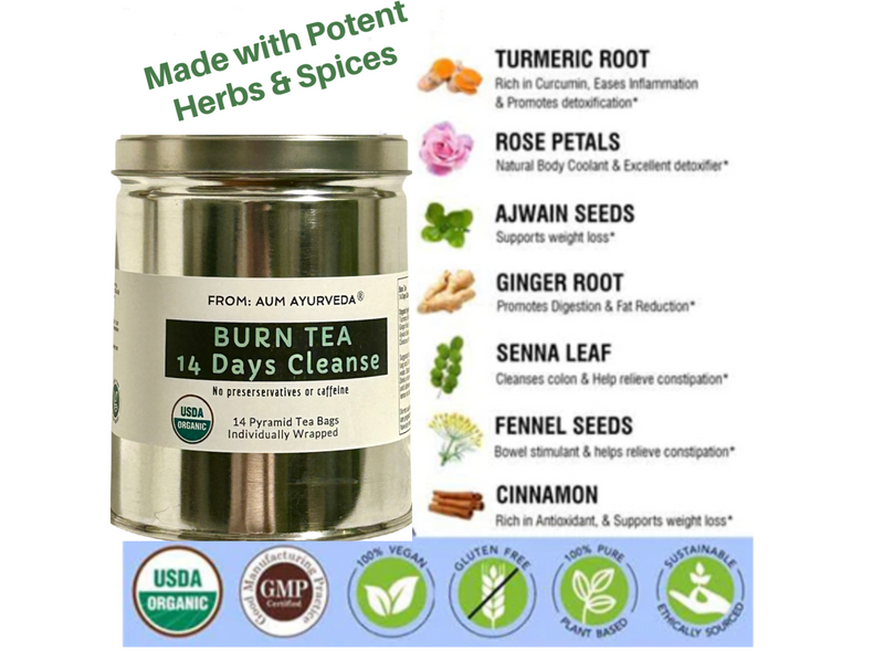 Burn Tea is an ayurvedic tea for detoxification and weight management.