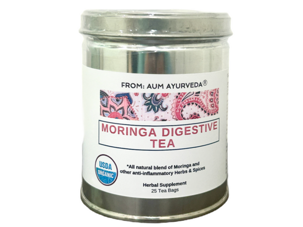 Moringa Digestive Tea aids in the proper breakdown of food, which helps alleviate gas and bloating naturally. 