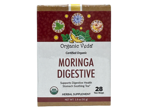 Moringa Digestive Tea aids in the proper breakdown of food, which helps alleviate gas and bloating naturally. 