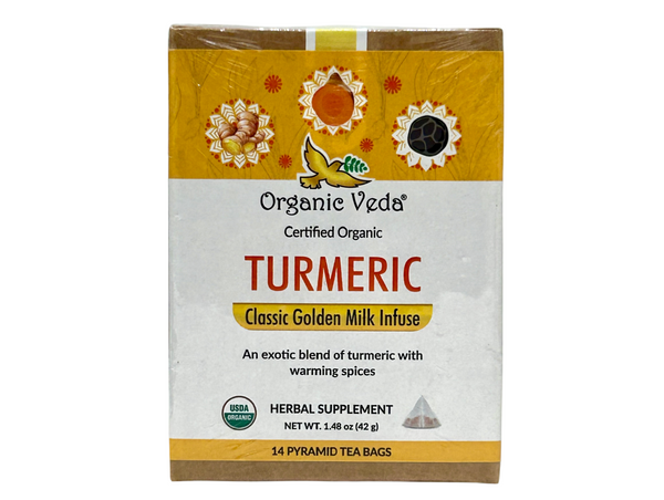 From Aum Ayurveda: Turmeric Golden Tea is a powerful blend of potent superfood Turmeric and warming spices, including Ginger, Cinnamon, Cardamom, and Stevia. With Curcumin-rich turmeric as the key ingredient, this health-boosting infusion is naturally rich in potent antioxidants and healthy anti-inflammatory compounds. Turmeric is renowned for its fantastic health benefits and touted for its ability to detox and nourish the body naturally.