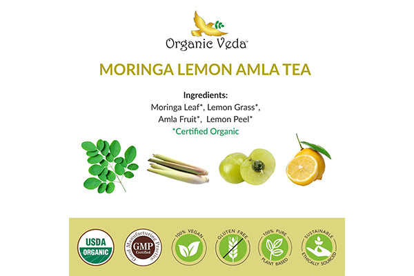 Moringa Lemon Amla Tea is pitta balancing made with organic ingredients for detoxification and Digestive health