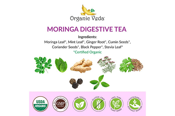 Moringa Digestive tea made with superfoods and spices: Moringa lealf, mint leaf, ginger root, cumin seeds, coriander seeds, black pepper.