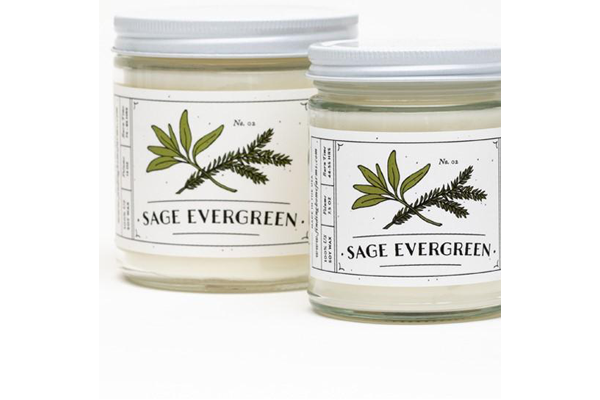 Sage Evergreen Candle: this scent is a beautiful blend of aromatic and earthy sage with classic evergreen to create a fragrance that is a perfect soy candle for year round enjoyment.  100% Soy Wax , Wax and Container made and produced in the USA  Each label of our soy candle line is inspired by vintage seed packets.  For best result and cleanest burning, wick must be trimmed regularly.