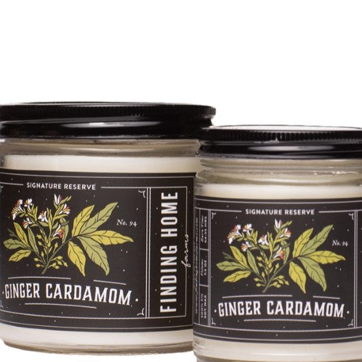 Ginger Cardamom Candle: A zesty blend of ginger root and cardamom with a touch of oud wood.  Hand poured in small batches with 100% soy wax harvested from American-grown soybeans. Packaged with American sourced soy materials. Lead-free cotton wick for clean burning with no additives or dyes. For best result and cleanest burning, wick must be trimmed regularly.