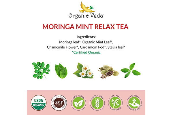 Moringa Mint Relax Tea with moringa leaf, mint leaf, chamomile, cardamom.