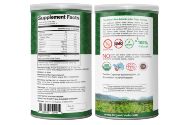Moringa leaf powder for immunity, weight management, anti-aging, skin renewal.