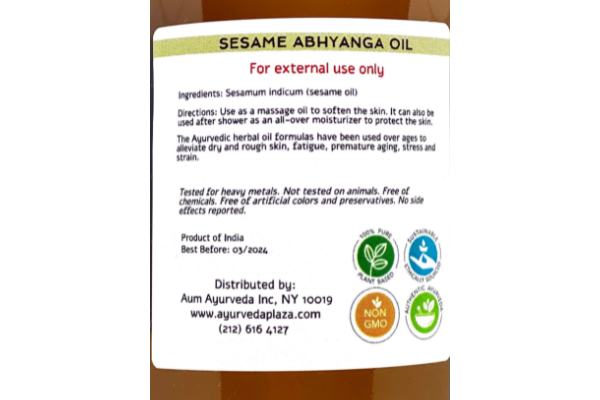 Some of the benefits of Sesame Ayurvedic abhyanga massage are:  · Reverses/prevents aging and increases longevity. · Removes fatigue and stress from work and life overall. · Promotes good vision. · Nourishes the body and promotes sturdiness. · Relieves insomnia. · Oil rubbed into the skin prevents dehydration and strengthens the nerves. · Stimulates antibody production and thus strengthens the immune system.