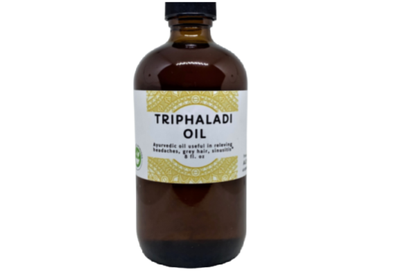 Triphaladi oil is a traditional Ayurvedic tridoshic oil, used to treat split hairs, grey hairs,  improve hair strength. It is also useful in relieving headache, sinusitis, rhinitis. It is used for all imbalances pertaining to neck, eyes, ear and throat.